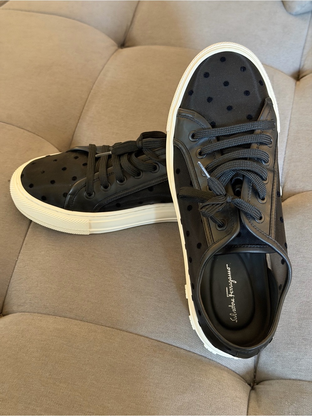 Salvatore Ferragamo Black Polka Dot Low-Top Sneakers with White Sole